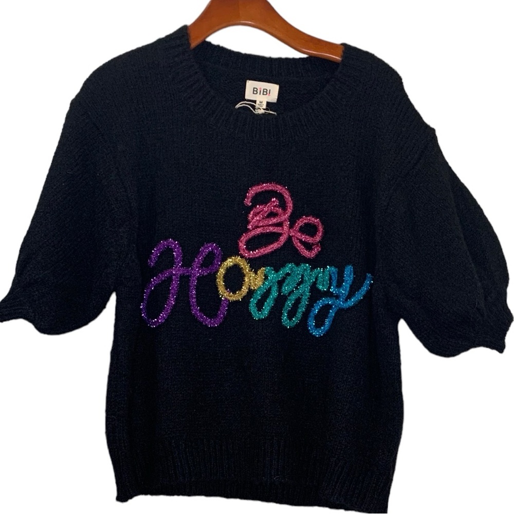 BiBi "Be Happy " Metallic Letter Short Sleeve Sweater Top NWT